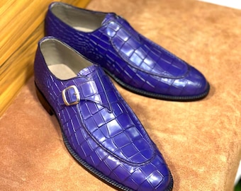 Handmade Purple Alligator Leather Monk Strap Shoes – Men's Luxury Dress Wear