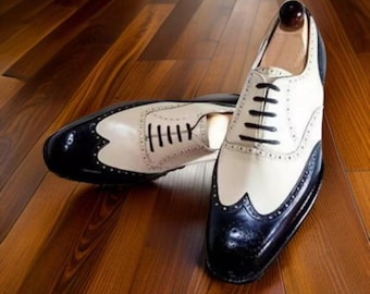 Zapatos Oxford de piel bicolor hechos a mano, zapatos de vestir Wingtip para hombre