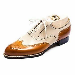 Men’s Handmade two tone Tan and cream leather Oxford brogue shoe, party wear business shoe