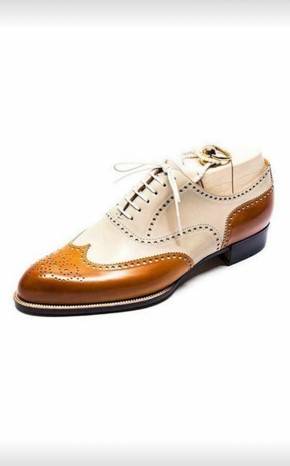 Men's Handmade Leather Oxford Brogue Shoes, Two Tone Tan Cream