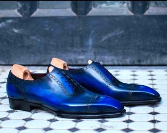 Zapatos Oxford de piel texturizada azul hechos a mano, estilo novio de boda