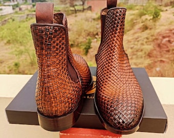 Handmade Woven Leather Chelsea Boots | Full Grain Leather, Gift Set