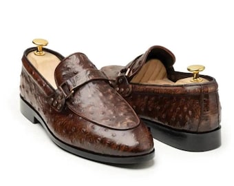 Handmade Brown Ostrich Leather Loafers, Men's Party Shoes