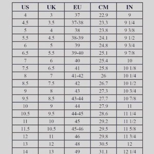 May include: A shoe size conversion chart titled "Men's Shoe Size Guide" with columns for US, UK, EU, CM, and IN sizes. The chart provides corresponding sizes, including measurements in centimeters and inches, for men's shoe sizes.