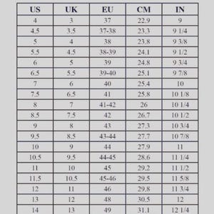 May include: A shoe size conversion chart titled "Men's Shoe Size Guide" with columns for US, UK, EU, CM, and IN sizes. The chart provides corresponding measurements for various shoe sizes, including centimeters and inches.