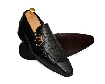 Handmade Ostrich Texture Leather Loafers - Men's Formal Shoes