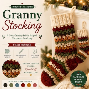 Puede incluir: Un patrón de ganchillo para un calcetín navideño Granny Stocking en dos tamaños. El diseño incluye un puño acanalado, un lazo para colgar y rayas de racimo granny en rojo, verde, naranja y crema. El texto incluye "Granny Stocking" y "2 SIZES INCLUDED".