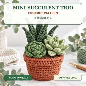 Könnte beinhalten: Eine Häkelanleitung mit dem Titel MINI SUCCULENT TRIO CROCHET PATTERN 3 DESIGNS IN 1 mit drei gehäkelten Sukkulenten in einem terrakottafarbenen Topf. Der Text enthält DIGITAL DOWNLOAD und EASY SKILL LEVEL. Die Sukkulenten sind grün und hellgrün.