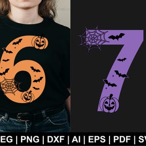 Pode incluir: Camiseta preta com um design laranja do número 6 com morcegos, teias de aranha e abóboras. Um design roxo do número 7 com morcegos, teias de aranha e abóboras também é mostrado.