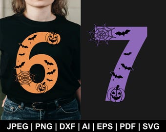 May include: Black t-shirt with an orange number 6 design featuring bats, spiderwebs, and jack-o'-lanterns. A purple number 7 design with bats, spiderwebs, and jack-o'-lanterns is also shown. The design is perfect for Halloween.