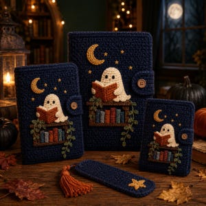 May include: Three dark blue crochet book covers and a matching bookmark. Each cover features a white ghost reading a book on a shelf, a yellow crescent moon, and small stars. The covers have a button closure and a textured, handmade appearance.