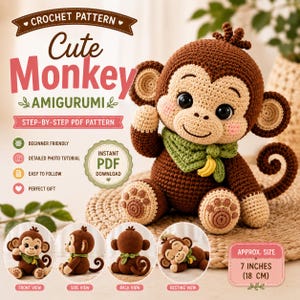 Virkad apa-mönster i PDF-format, Amigurumi-apa-mönster, Söt apa-virkning, Virkmönster för djungeldjur, Handledning för gosedjur