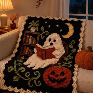 Puede incluir: Una manta de ganchillo rectangular con fondo negro que muestra un fantasma blanco leyendo un libro rojo. El diseño incluye una estantería, una luna creciente amarilla, estrellas, enredaderas verdes y una calabaza. Borde festoneado color crema.