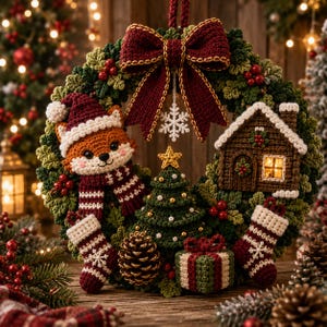 May include: A decorative Christmas wreath featuring a crocheted fox wearing a hat and scarf, a small cabin, a Christmas tree, a pinecone, a gift box, and two stockings. The wreath is adorned with a large dark red bow and a white snowflake ornament.