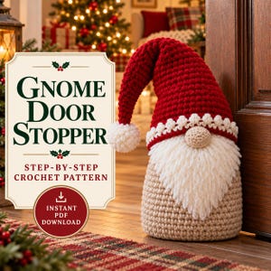 Virkmönster för dörrstopp till tomte, jultomte i PDF-format, virkmönster för dörrstopp, semesterinredning, direktnedladdning av festlig tomte