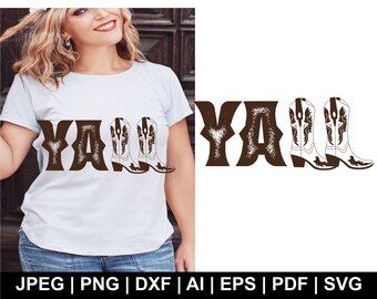 Y'all Cowboy Boots SVG PNG: Western Boho Design, Cricut Silhouette Cut Files