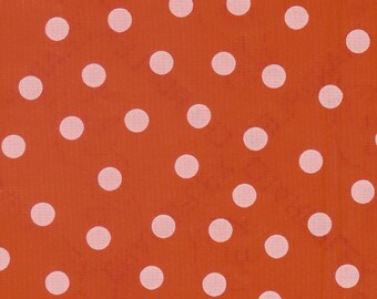 Colorful White Polka Dots on Red Oilcloth, Yardage