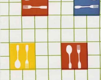 May include: A white background with a green grid pattern. There are four squares with different colored backgrounds and white images of forks and spoons. The squares are red, blue, yellow, and red.