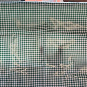 Puede incluir: Una tela a cuadros verde y blanca con un aspecto descolorido. La tela tiene una textura tejida y probablemente se utiliza para un mantel u otro art&iacute;culo para el hogar.