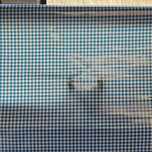 Puede incluir: Una tela de vichy azul y blanca con un patr&oacute;n a cuadros.