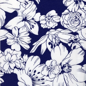 May include: A navy blue fabric with a repeating pattern of large white floral outlines. The flowers include various shapes, such as lilies, roses, and other stylized blooms, creating a bold, contrasting design.
