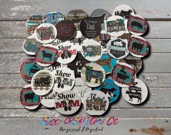May include: A collection of round coasters with various designs and text. The coasters feature images of livestock, including pigs, cows, and sheep, along with phrases like "Show Mom" and "Livestock Not People."