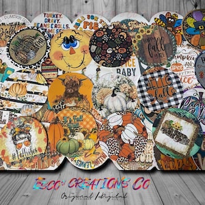 May include: A collection of fall-themed round designs with various patterns and illustrations. Designs include pumpkins, sunflowers, plaid, and text like "Hello Fall" and "Happy Fall Y'all". The designs are on a wooden background.