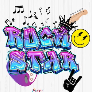 以下が含まれることがあります： 「ROCK STAR」の文字がグラフィティスタイルで描かれた鮮やかなグラフィックデザイン。王冠、ギターネック、音符、稲妻のスマイリーフェイスが特徴です。手のジェスチャーはロックンロールのサインを示しています。