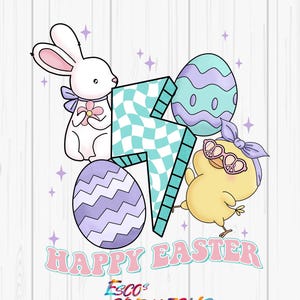 Puede incluir: Dise&ntilde;o gr&aacute;fico de Feliz Pascua con un conejito blanco sosteniendo una flor rosa, un pollito amarillo con gafas de sol y un huevo de Pascua azul y morado. El dise&ntilde;o tambi&eacute;n incluye un rayo azul y blanco a cuadros y el texto "Feliz Pascua" en letras rosas. El texto "Esco's Creations Original Digital Co" tambi&eacute;n est&aacute; incluido en el dise&ntilde;o.