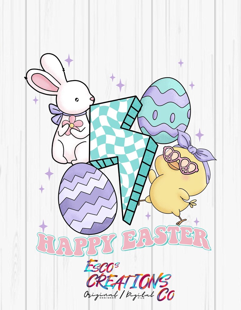 Puede incluir: Dise&ntilde;o gr&aacute;fico de Feliz Pascua con un conejito blanco sosteniendo una flor rosa, un pollito amarillo con gafas de sol y un huevo de Pascua azul y morado. El dise&ntilde;o tambi&eacute;n incluye un rayo azul y blanco a cuadros y el texto "Feliz Pascua" en letras rosas. El texto "Esco's Creations Original Digital Co" tambi&eacute;n est&aacute; incluido en el dise&ntilde;o.