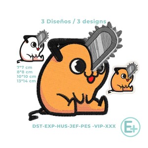 Pochita Chainsaw anime pattern, applique and patch, embroidery machine design, 3 designs, 4 sizes, various formats *NOT A PHYSICAL ITEM*
