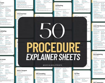 50 Procedure Explainer Sheets – Medical Spa, Esthetician & Wellness Clinics Treatment Guide