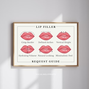 Può includere: Una stampa incorniciata che illustra le tecniche di filler labbra. La stampa presenta sei diagrammi di labbra con etichette come "Crisp Border" e "Hydrating Volume". Il testo "REQUEST GUIDE" è in basso, con "LIP FILLER" in alto.