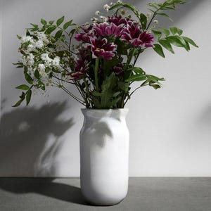 Könnte beinhalten: Eine weiße Keramikvase gefüllt mit einem Blumenstrauß. Die Blumen umfassen dunkelviolette Gänseblümchen, kleine weiße Blüten und grünes Laub. Die Vase hat eine abgerundete Form und steht auf einer grauen Oberfläche.