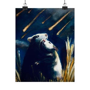 May include: An oil painting on canvas depicting two opossums standing in tall, golden-yellow grass. The opossums are looking upward at a dark blue night sky filled with streaks of bright, golden light resembling a meteor shower or falling stars.