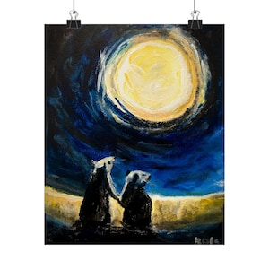May include: An acrylic painting on canvas depicting two small, dark-coloured animals standing side-by-side, looking up at a large, glowing yellow full moon set against a deep blue, textured night sky above a pale yellow horizon line.