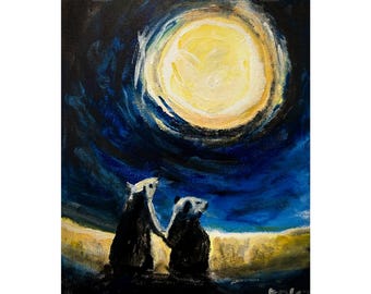 May include: An acrylic painting on canvas depicting two small, dark-colored animals standing side-by-side, looking up at a large, glowing yellow full moon set against a deep blue, textured night sky above a pale yellow horizon line.