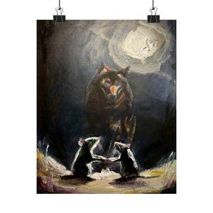 May include: An oil painting on canvas depicting two small dark rodents standing on their hind legs facing each other in the foreground. Behind them, a large dark wolf-like figure looms in the shadows under a bright, circular full moon.
