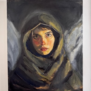 May include: Oil painting of a person with a hooded garment, rendered in dark tones with highlights on the face. The subject's gaze is direct, with a focus on the eyes and lips. The artwork has a somber, contemplative mood.