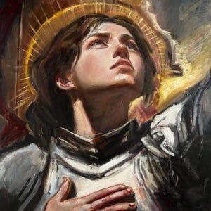 May include: An oil painting depicting a figure in metallic armor with a hand placed over their chest. The figure looks upward toward a glowing golden halo set against a dark, moody background. The artist signature B. Ditz is visible in the corner.