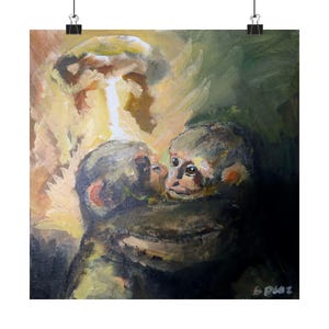 May include: An oil painting on canvas depicting two monkeys embracing, with one monkey kissing the other on the cheek. The artwork features warm golden, brown, and deep green tones with visible brushstrokes. The artist signature S. DIAZ is in the bottom right corner.