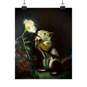May include: An oil painting on canvas depicting a small squirrel standing on its hind legs, reaching toward a single white flower. The artwork features a dark, moody background with visible brushstrokes and warm highlights on the squirrel.