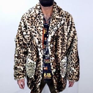 Unisex Handmade Leopard Cheetah Print Soft Faux Fur 3/4 Quarter Length Trench Winter Coat