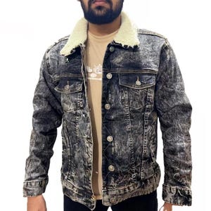 Distressed Black Denim Trucker Jacket: Fleece Lined Faux Fur Collar Customised Lining