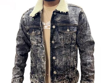 Distressed Black Denim Trucker Jacket: Fleece Lined Faux Fur Collar Customised Lining
