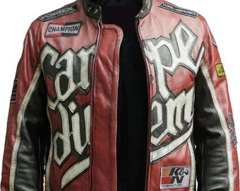 Herren Carpe Diem Style Leder Motorradjacke mit Stickereipatches