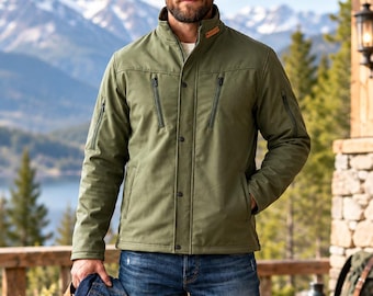 May include: An olive green jacket with a high collar, vertical zipped chest pockets, and a snap-button front closure. The jacket is worn over blue denim jeans, and a pair of tan leather boots and folded blue jeans are held in one hand.