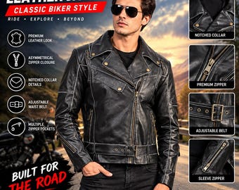 Chaqueta de motociclista de cuero negro para hombre, chaqueta de moto con cremallera asimétrica y cinturón, regalo para motociclistas, chaqueta estilo cafe racer.
