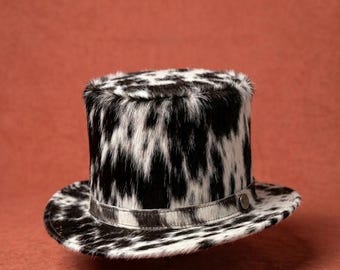 Handmade Cowhide Top Hat | Black White Hair-On Hide Western Steampunk Costume Accessory