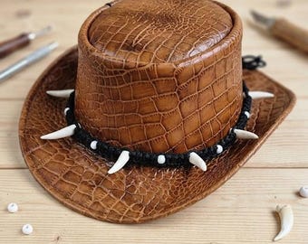 Handcrafted Crocodile Embossed Leather Top Hat, Steampunk Western Gothic Cosplay Accessory